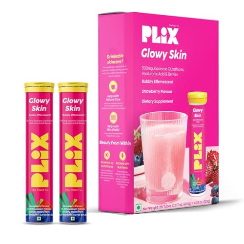 PLIX Glowy Skin 500mg Glutathione Supplement with Hyaluronic Acid, Vitamin C, E & Berries | 30 Effervescent Tablets, Strawberry Flavor