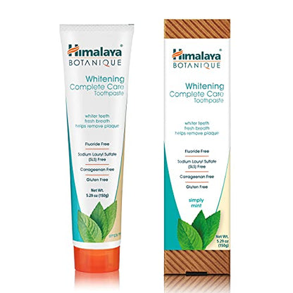 Himalaya Botanique Whitening Complete Care Toothpaste, Teeth Whitening, Fights Plaque, Fluoride Free, No Artificial Flavors, SLS Free, Cruelty Free, Foaming, Simply Mint Flavor, 5.29 Oz, 2 Pack
