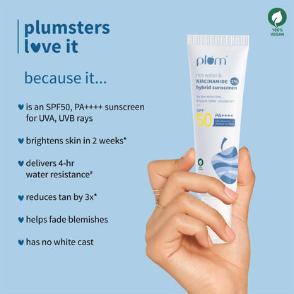 Plum 2% Niacinamide & Rice Water Sunscreen SPF 50 PA+++ | for Oily, Dry & Combination Skin | UVA/UVB Protection | Reduces Tan & Brightens Skin | No White Cast & Non-Sticky | for Women & Men | 50g