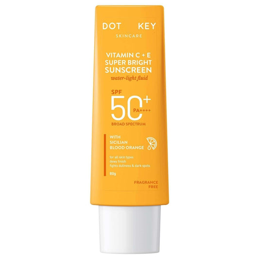 DOT KEY Vitamin C + E Super Bright Sunscreen Spf 50 | Water-Light,UVA/UVB & Blue Light Protection | For Even Toned & Glowing Skin|With Liquid Spf 50+++ | No White Cast |For All Skin Types | 80 gm