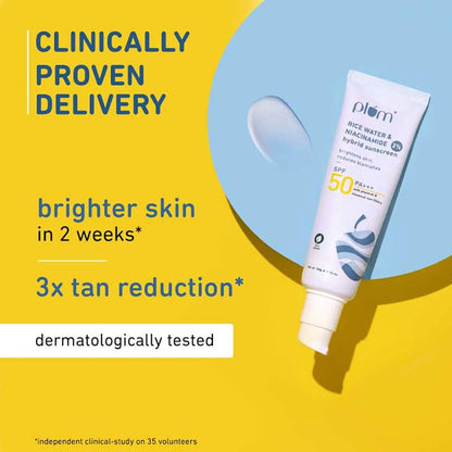 Plum 2% Niacinamide & Rice Water Sunscreen SPF 50 PA+++ | for Oily, Dry & Combination Skin | UVA/UVB Protection | Reduces Tan & Brightens Skin | No White Cast & Non-Sticky | for Women & Men | 50g