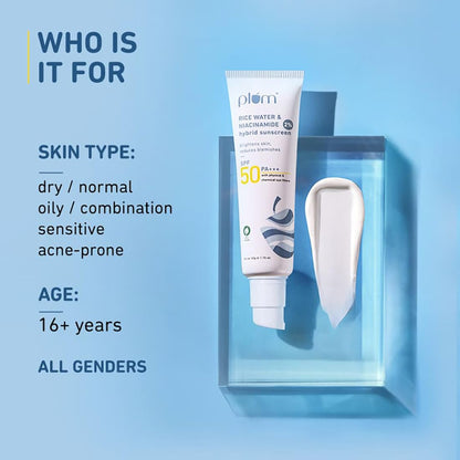 Plum 2% Niacinamide & Rice Water Sunscreen SPF 50 PA+++ | for Oily, Dry & Combination Skin | UVA/UVB Protection | Reduces Tan & Brightens Skin | No White Cast & Non-Sticky | for Women & Men | 50g