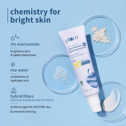 Plum 2% Niacinamide & Rice Water Sunscreen SPF 50 PA+++ | for Oily, Dry & Combination Skin | UVA/UVB Protection | Reduces Tan & Brightens Skin | No White Cast & Non-Sticky | for Women & Men | 50g