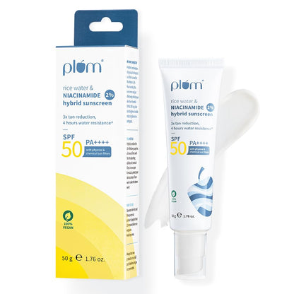 Plum 2% Niacinamide & Rice Water Sunscreen SPF 50 PA+++ | for Oily, Dry & Combination Skin | UVA/UVB Protection | Reduces Tan & Brightens Skin | No White Cast & Non-Sticky | for Women & Men | 50g