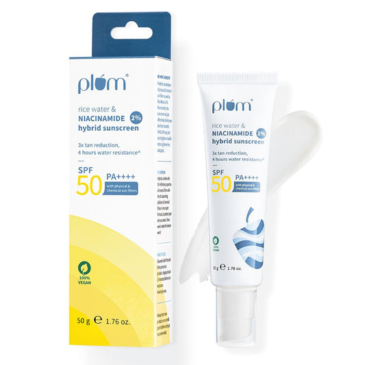 Plum 2% Niacinamide & Rice Water Sunscreen SPF 50 PA+++ | for Oily, Dry & Combination Skin | UVA/UVB Protection | Reduces Tan & Brightens Skin | No White Cast & Non-Sticky | for Women & Men | 50g