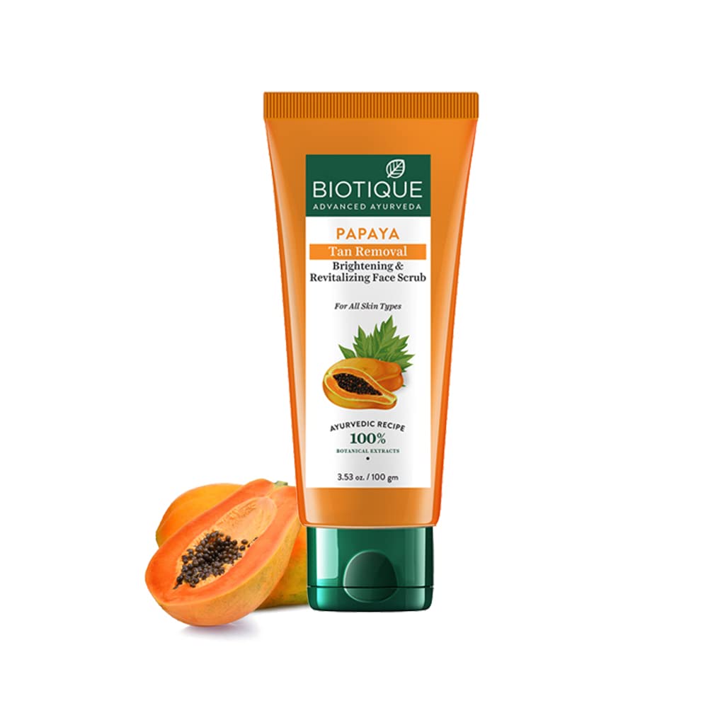 Biotique Papaya Tan Removal Brightening & Revitalizing Face Scrub | Gentle Exfoliation | Smooth and Clear Complexation | 100% Botanical Extracts| Suitable for All Skin Types | 75g