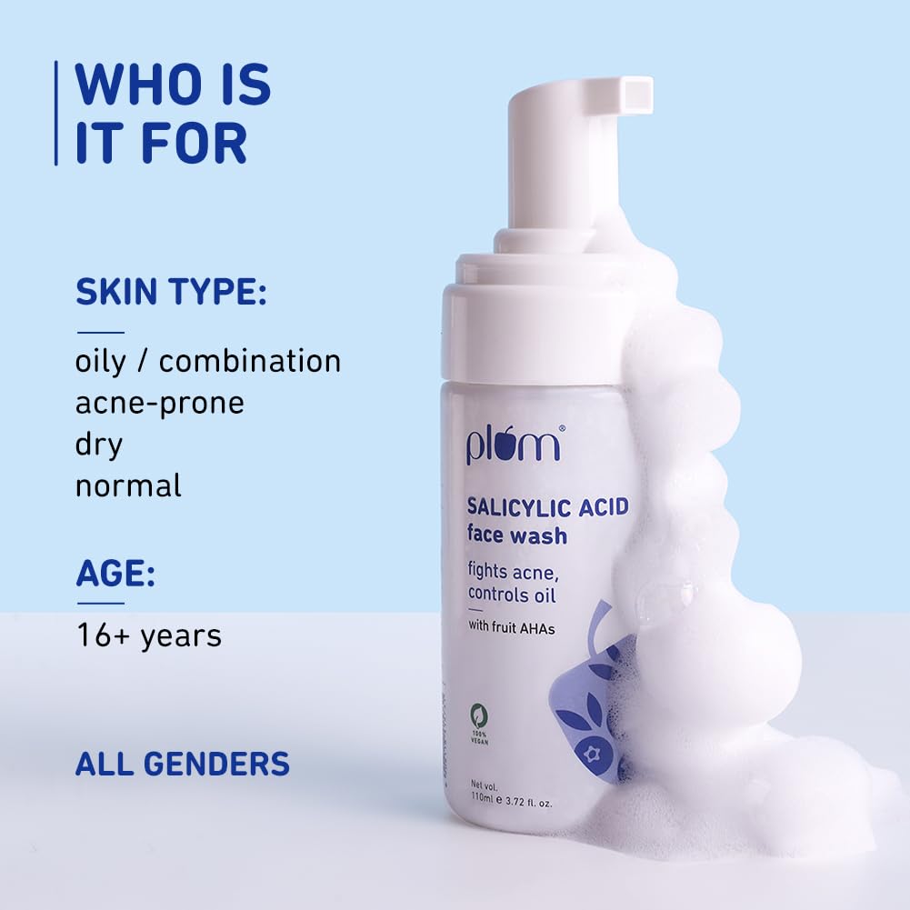 Plum 1% Encapsulated Salicylic Acid Foaming Face Wash with Glycolic Acid, Fruit AHA's & Blueberry Extracts | Fights Acne, Blackheads & Breakouts | For Men & Women | Sulphate-Free | 100% Vegan | 110 ml