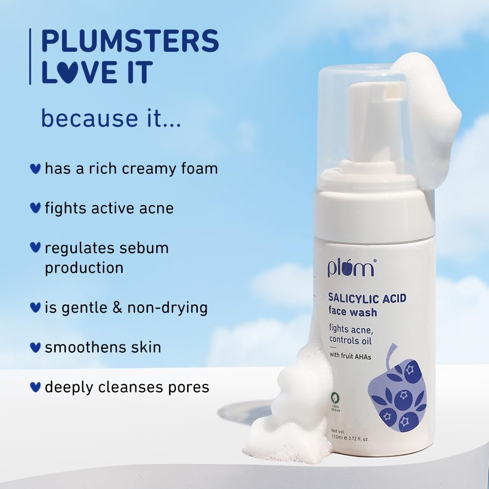 Plum 1% Encapsulated Salicylic Acid Foaming Face Wash with Glycolic Acid, Fruit AHA's & Blueberry Extracts | Fights Acne, Blackheads & Breakouts | For Men & Women | Sulphate-Free | 100% Vegan | 110 ml