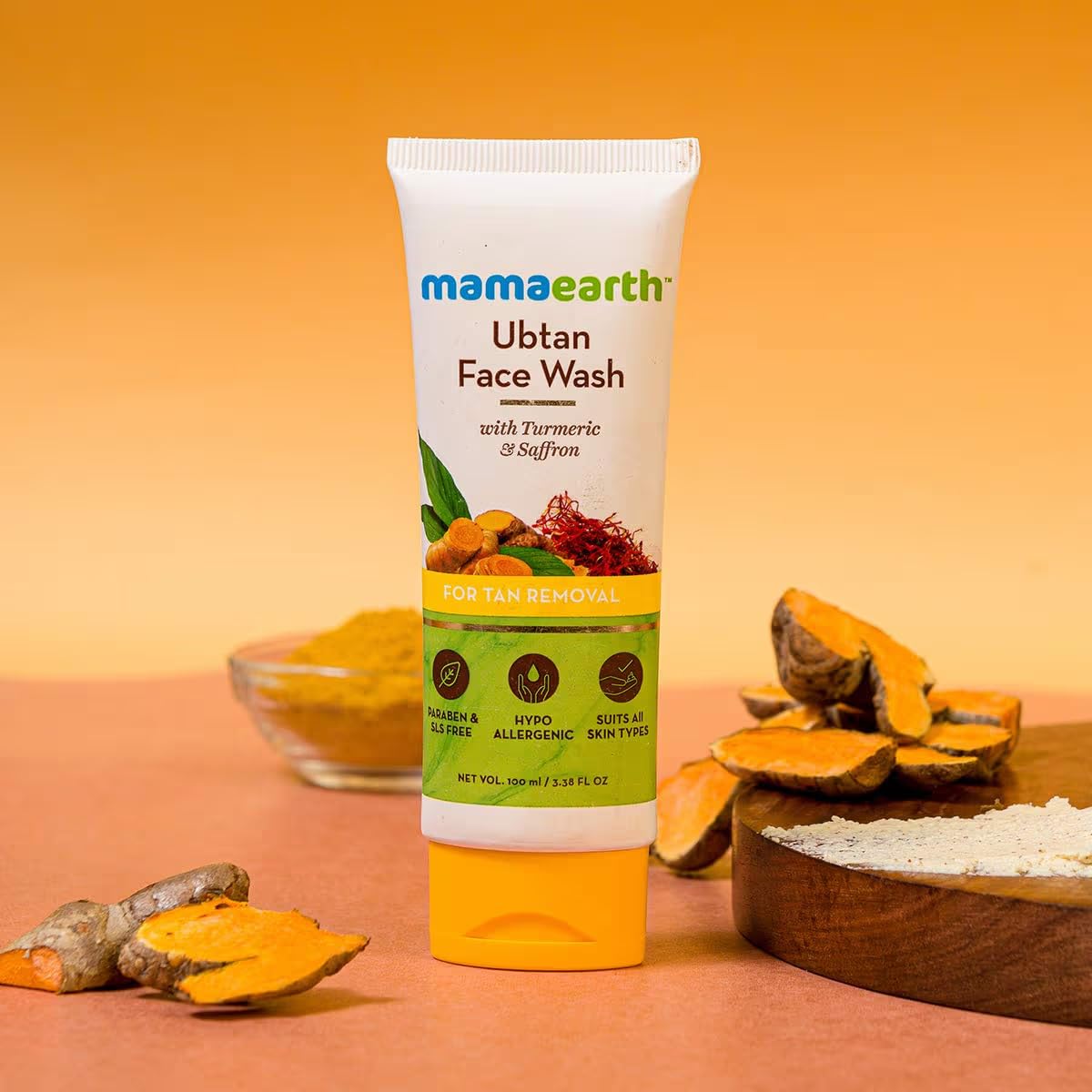 Mamaearth Ubtan De Tan Face Wash | Helps Reduce Tanning & Sun Damage | Gently Cleanses Dirt & Excess Oil | Enriched with Turmeric & Saffron | 3.38 Fl Oz (100ml)
