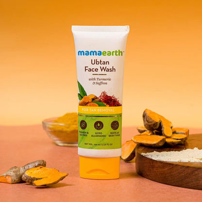 Mamaearth Ubtan De Tan Face Wash | Helps Reduce Tanning & Sun Damage | Gently Cleanses Dirt & Excess Oil | Enriched with Turmeric & Saffron | 3.38 Fl Oz (100ml)