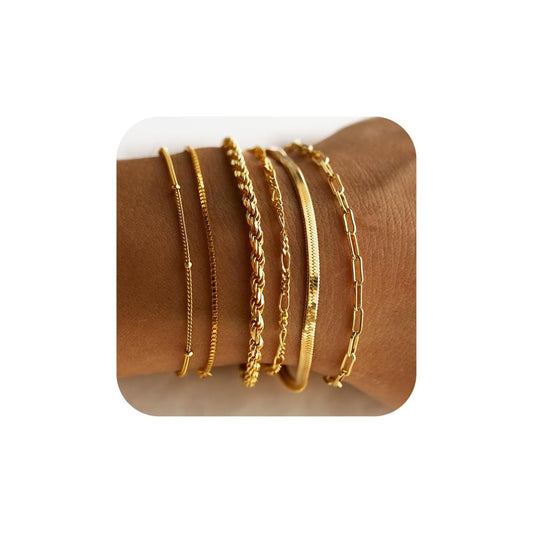 VAMA FASHIONS Anti-Tarnish 18K Gold Plated Bracelet Set Rope Figaro Paperclip Snake Herringbone & Beads Chain Hand Jewelry for Women – Set of 6