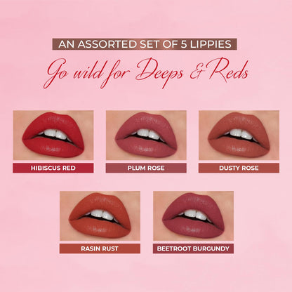 Organic Liquid Lipstick Kit Set of 5, Hydrating & Lightweight Lip Color - Paraben & Silicon Free - 1.6 fl oz. (Deeps & Reds)
