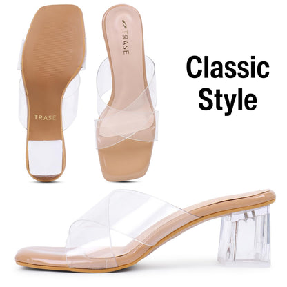 TRASE Lucid Luxe Stylish Transparent Cross Strap Block Heel Sandals For Women And Girls
