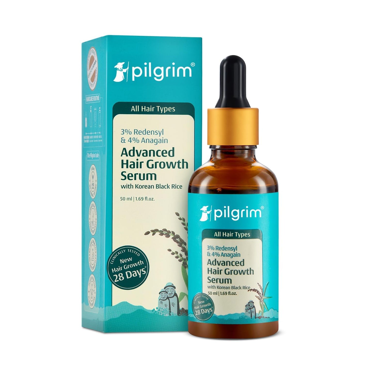 Pilgrim Advanced Hair Growth Serum with Redensyl 3%, Anagain 4% & Baicapil | Hair Fall Control & Regrowth | Korean Black Rice | For Men & Women, 1.69 Fl Oz (50ml)