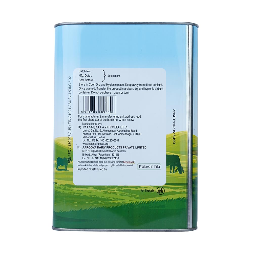 Patanjali Grass Fed Cow Ghee 1Lt- Energy Infused, Low in Lactose, Low in Casein, Non-GMO, Vegetarian, Gluten free, Keto and Paleo friendly.
