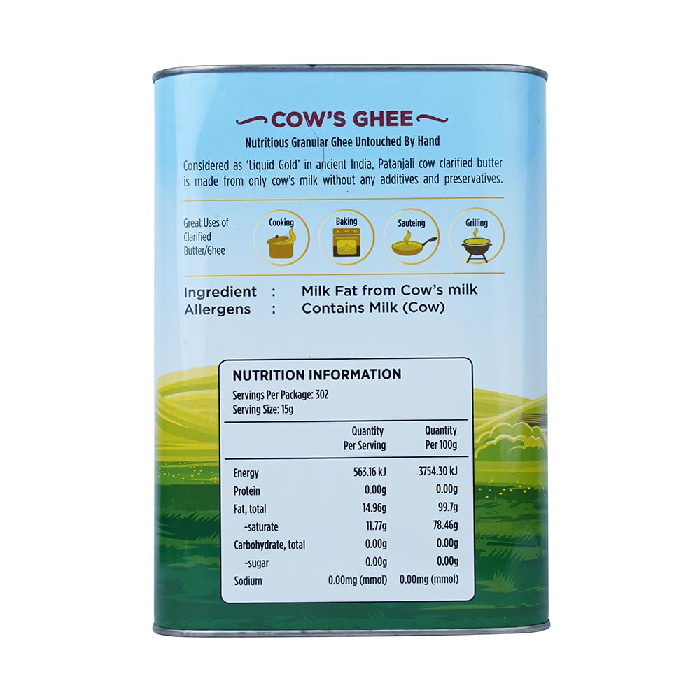 Patanjali Grass Fed Cow Ghee 1Lt- Energy Infused, Low in Lactose, Low in Casein, Non-GMO, Vegetarian, Gluten free, Keto and Paleo friendly.