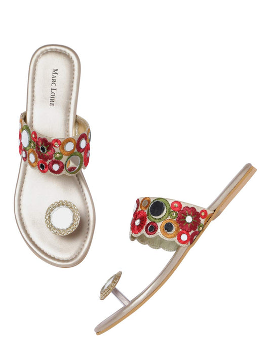 Marc Loire Women's One Toe Ethnic Slip-On Flat Chappals, Embellished & Traditional Footwear (Golden, UK Footwear Size System, Adult, Women, Numeric, Medium, 5)