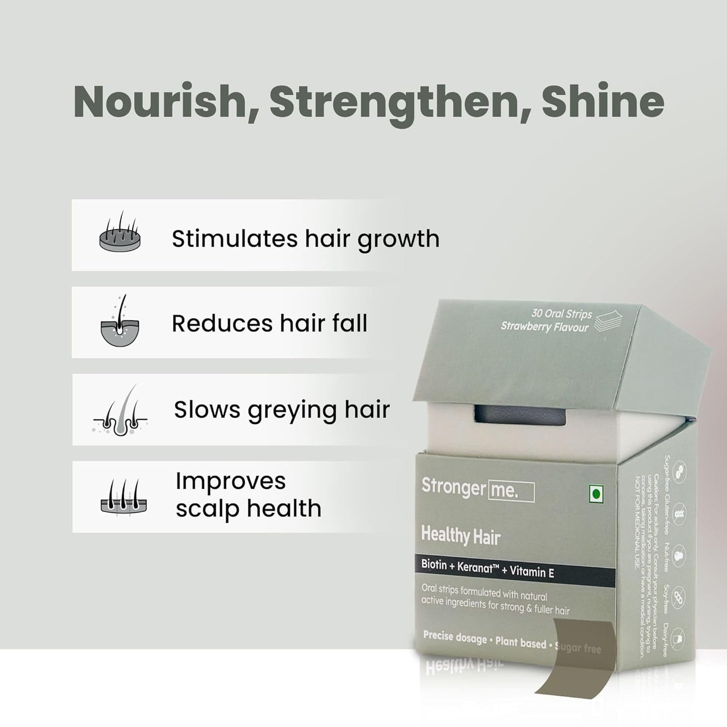 Stronger me. Hair Supplement With Plant Based Biotin, Vitamin E, Keranat, Folic Acid, Vitamin D3 And Vitamin B For Improved Scalp Health And Hair Growth|Strawberry Flavoured|30 Oral Strips