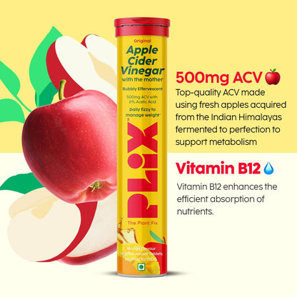 THE PLANT FIX Apple Cider Vinegar Effervescent Tablet with mother | Supports Metabolism & Appetite Control I With 500mg ACV, Vit B6 & B12 I No Maltodextrin, No Added Sugar I Pack of 4 (60 tablets)