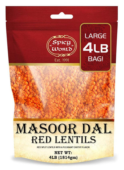 Masoor Dal 4 Pound Bag - Split Red Lentils Dry - All Natural, Pure, Vegan - Resealable Bag by Spicy World