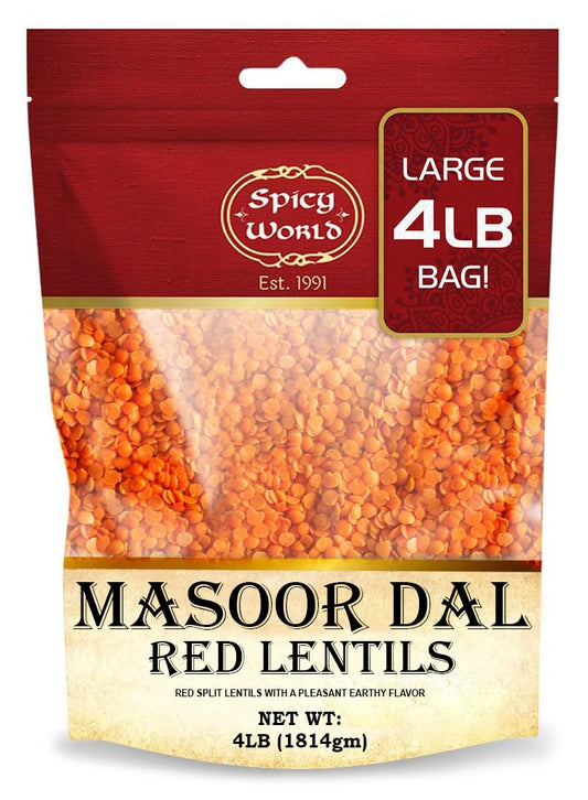 Masoor Dal 4 Pound Bag - Split Red Lentils Dry - All Natural, Pure, Vegan - Resealable Bag by Spicy World