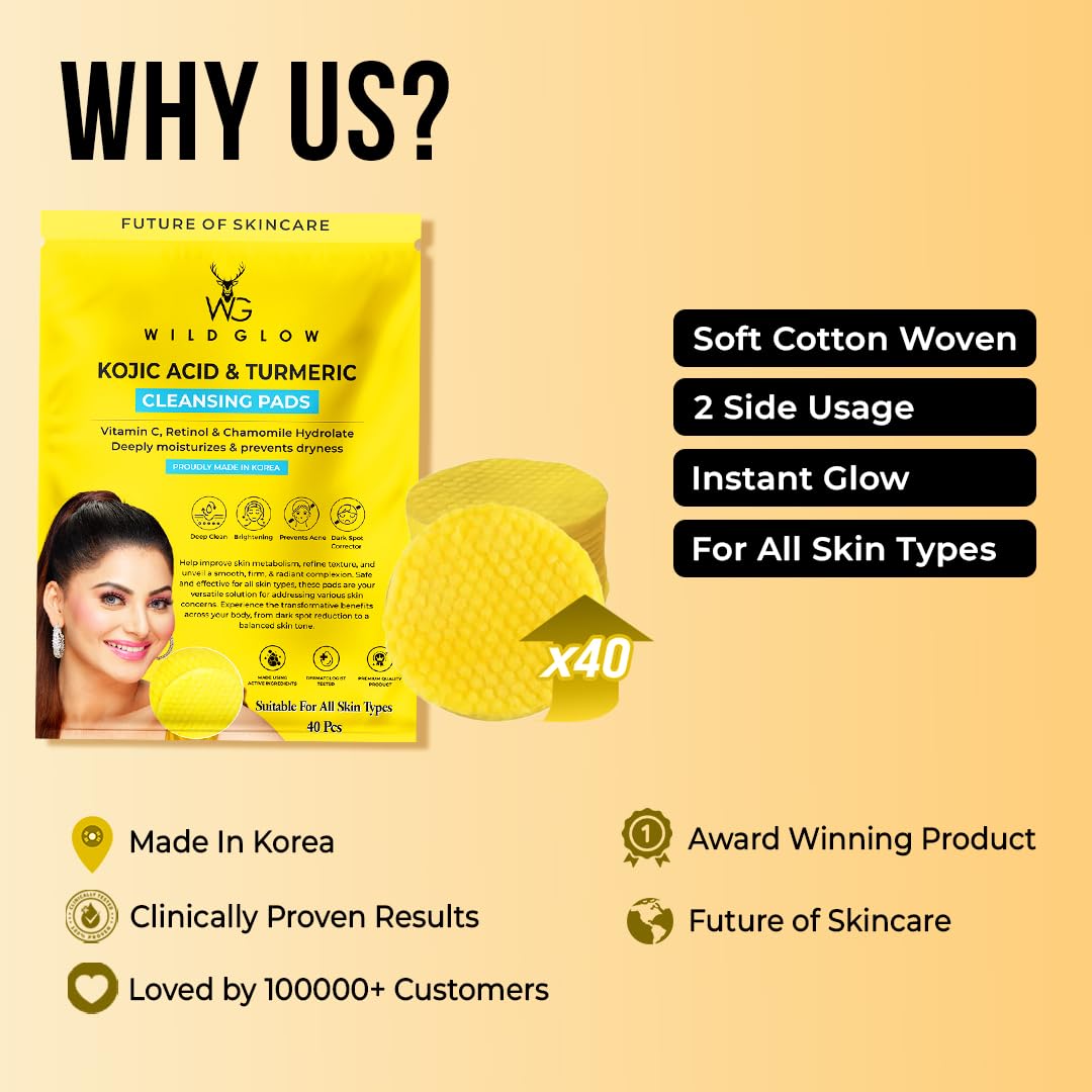 WILDGLOW Turmeric & Kojic Acid Face Cleansing Pads for Dark Spots, Skin Brightening & Acne Prevention | Vitamin C, Retinol & Chamomile Hydrolat | For Women & Men | All Skin Type | 40 Pieces Pack of 1