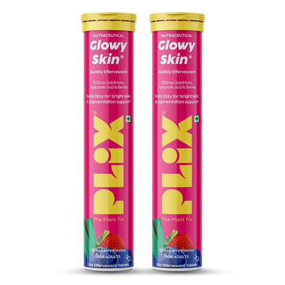 PLIX Glowy Skin 500mg Glutathione Supplement with Hyaluronic Acid, Vitamin C, E & Berries | 30 Effervescent Tablets, Strawberry Flavor