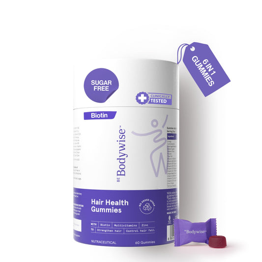 Be Bodywise Biotin Hair Gummies I Sugar Free I 60 Day Pack I Healthy Hair,Skin,Nails I '6-in-1' Biotin, Zinc, Folic Acid, Vitamin C, Keratin & Multivitamin I Gut FriendlyI Strawberry FlavorI100% Vegan