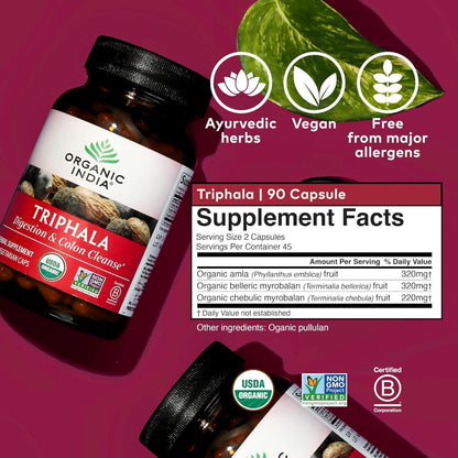 ORGANIC INDIA Triphala Capsules Organic - Herbal Supplement with Amla, Bibhitaki, Haritaki, Digestion & Colon Support, Immune System Support, Adaptogen, Vegan, USDA Certified Organic - 180 Capsules