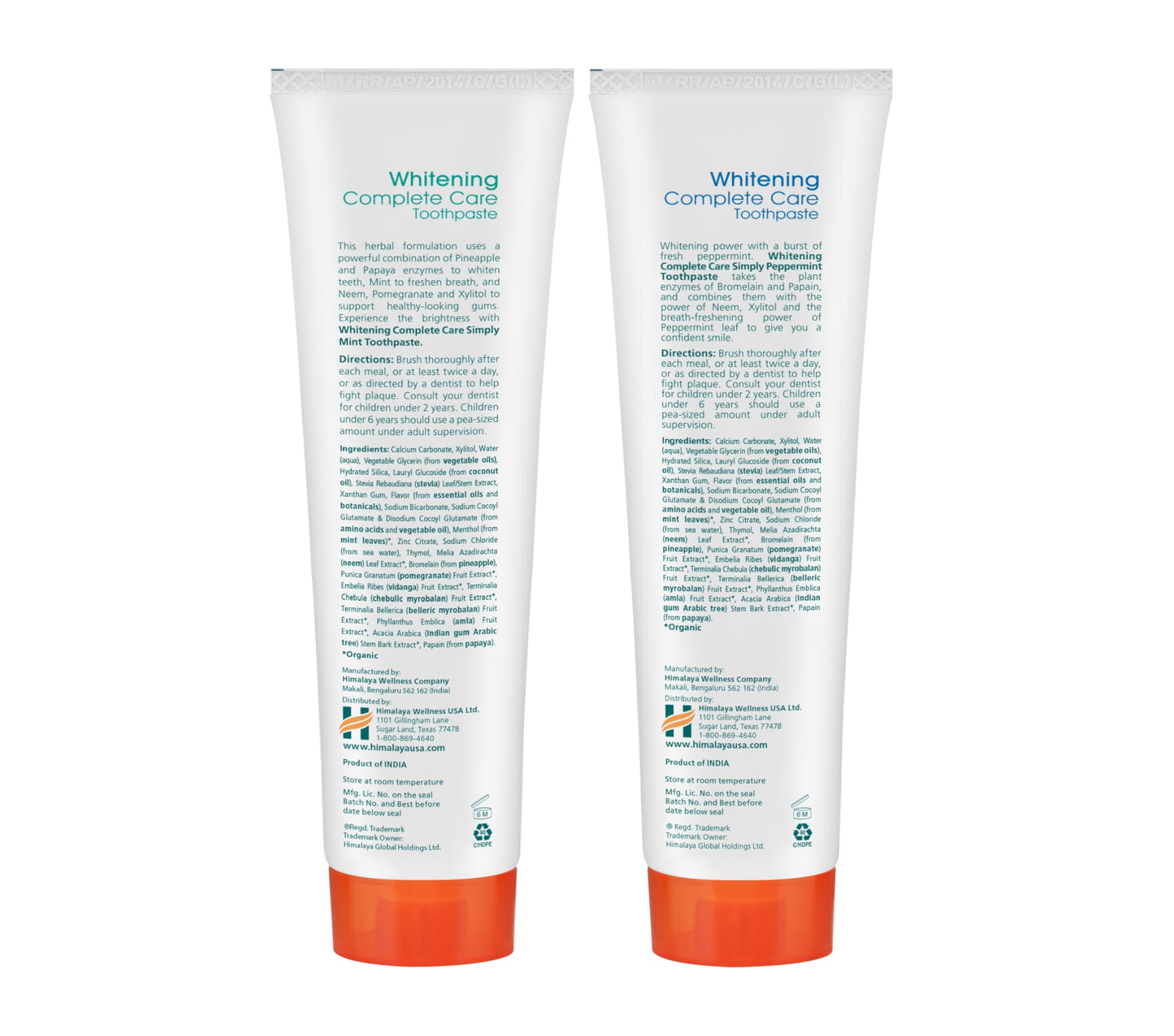 Himalaya Botanique Whitening Complete Care Toothpaste, Teeth Whitening, Fights Plaque, Fluoride Free, No Artificial Flavors, SLS Free, Cruelty Free, Foaming, Simply Mint Flavor, 5.29 Oz, 2 Pack