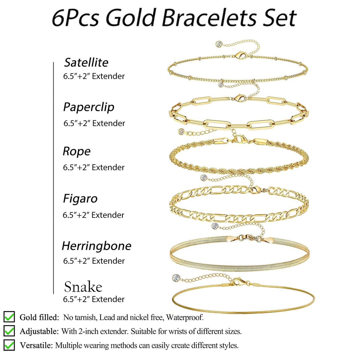 VAMA FASHIONS Anti-Tarnish 18K Gold Plated Bracelet Set Rope Figaro Paperclip Snake Herringbone & Beads Chain Hand Jewelry for Women – Set of 6