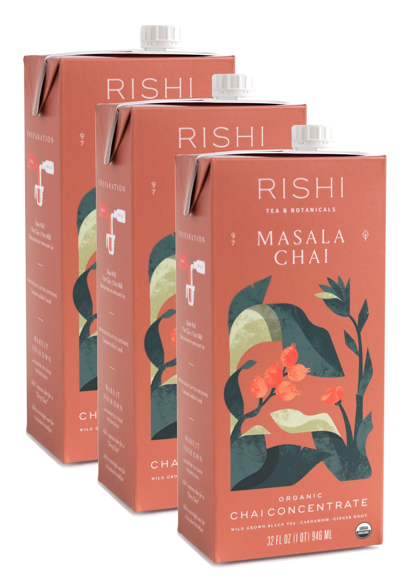 Rishi Tea Masala Chai Latte - Organic Black Tea Concentrate, Easy-to-Serve Hot or Iced Chai Mix - 32 fl oz Carton, 8 Servings (Pack of 12)