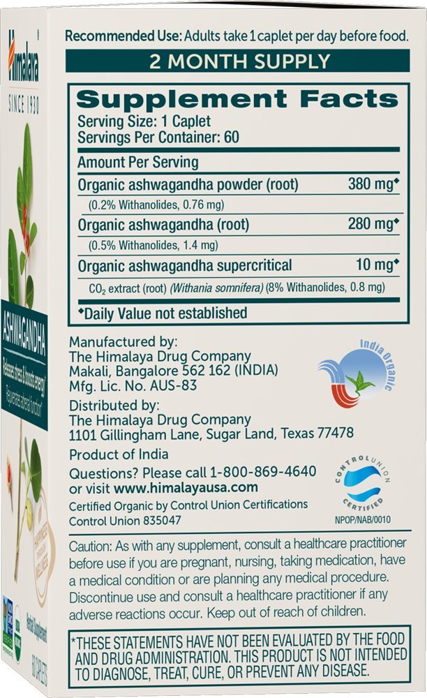 Himalaya Organic Ashwagandha, 60 Day Supply, Herbal Supplement for Stress Relief, Energy, Occasional Sleeplessness, Additive Free, Organic, Non-GMO, Vegan, Gluten Free, 670 mg, 60 Caplets
