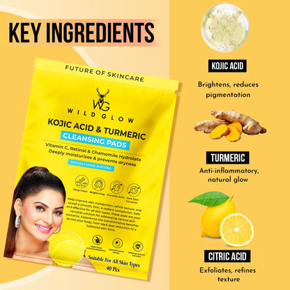 WILDGLOW Turmeric & Kojic Acid Face Cleansing Pads for Dark Spots, Skin Brightening & Acne Prevention | Vitamin C, Retinol & Chamomile Hydrolat | For Women & Men | All Skin Type | 40 Pieces Pack of 1