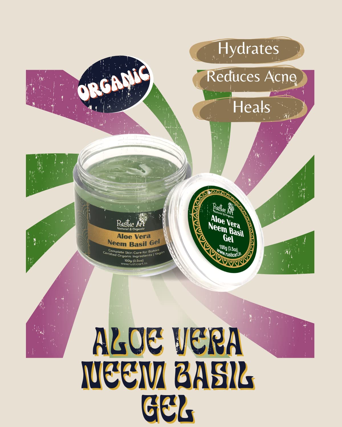 Rustic Art Organic Aloe Vera Neem Basil Gel | Soothing, Cooling | Anti Acne, Reduces Redness | For Kids, Women & Men | 100g