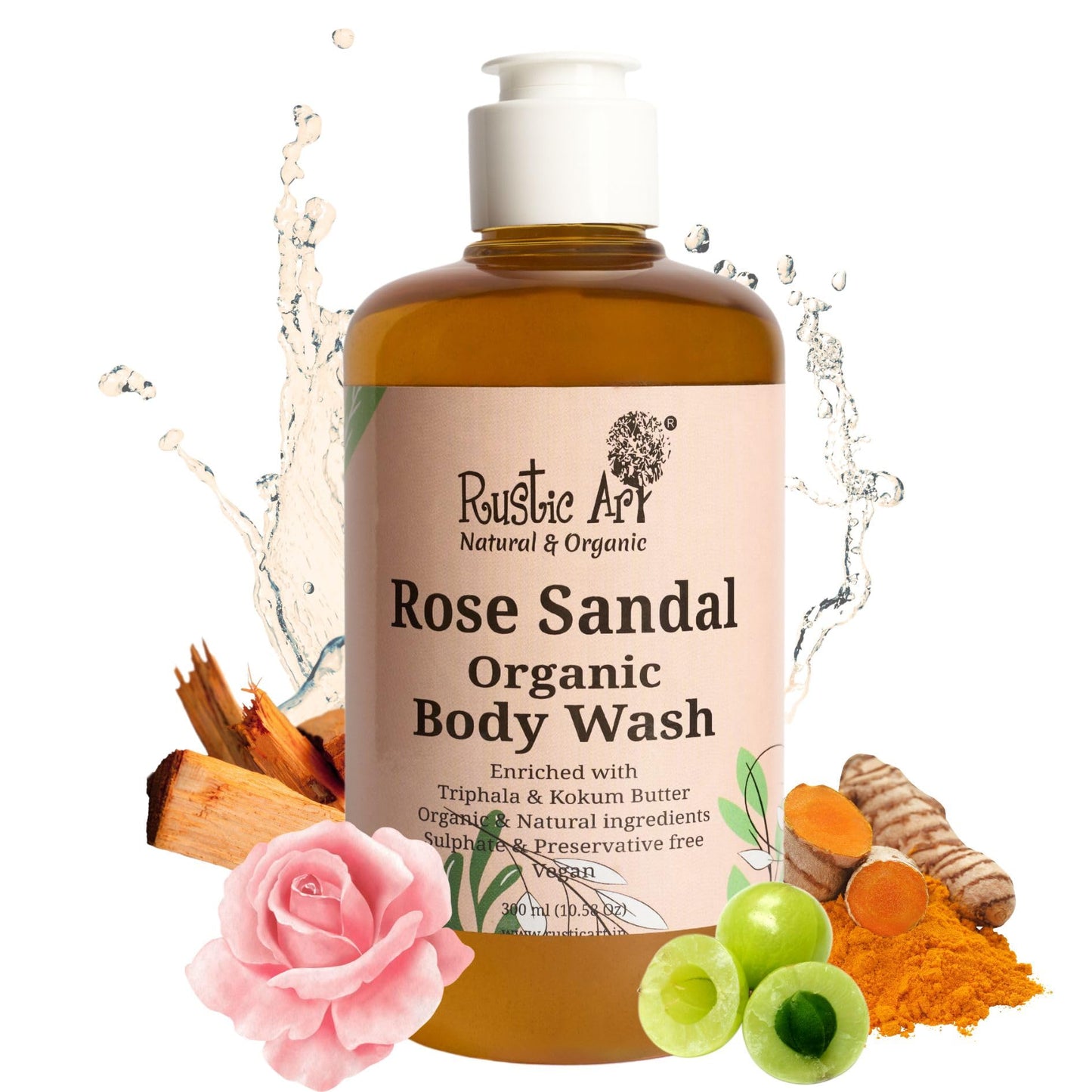 Rustic Art Rosemary Peppermint Body Wash | Organic Castile Soap | Cooling, Fights Body Acne & Gently Exfoliates | Sulphate & Paraben-Free | For Women & Men | Deep Cleansing & Moisturizing | 300ml
