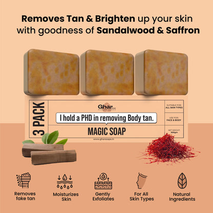 Ghar Soaps Sandalwood & Saffron Magic Soaps For Bath (300 Gms Pack Of 3) | Paraben Free | Chandan & Kesar Bath Soap | Handmade Soaps For Glowing | Skin Brightening Soap For Men & Women