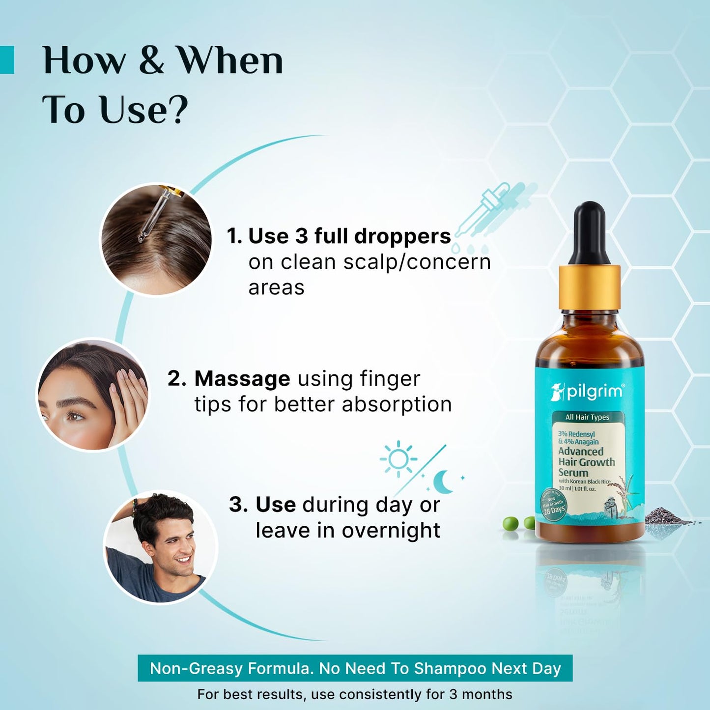 Pilgrim Advanced Hair Growth Serum with Redensyl 3%, Anagain 4% & Baicapil | Hair Fall Control & Regrowth | Korean Black Rice | For Men & Women, 1.69 Fl Oz (50ml)