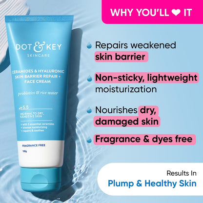 Dot & Key Ceramides Moisturizer with Hyaluronic for Intense Moisturizing and Skin Strengthening | With Probiotic & Rice Water I Barrier Repair Cream | For Dry Skin, Normal & Sensitive Skin | 100g