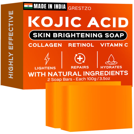GRESTZO Orange Kojic Acid Dark Spot Remover Soap Bars with Vitamin C, Retinol, Collagen, Turmeric - Original Japanese Complex Infused with Hyaluronic Acid (2 Pack)