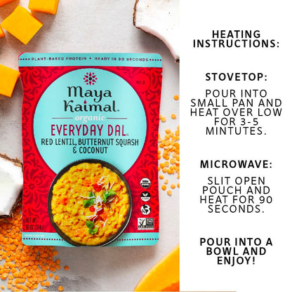 Maya Kaimal Foods - Organic Indian Everyday Dal - 6 pack variety of 10oz Ready to Eat Meals - Fully Cooked - Vegan - Kosher - Microwavable - made from Lentils, Beans, Squash, Coconut, Peas