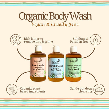 Rustic Art Rosemary Peppermint Body Wash | Organic Castile Soap | Cooling, Fights Body Acne & Gently Exfoliates | Sulphate & Paraben-Free | For Women & Men | Deep Cleansing & Moisturizing | 300ml