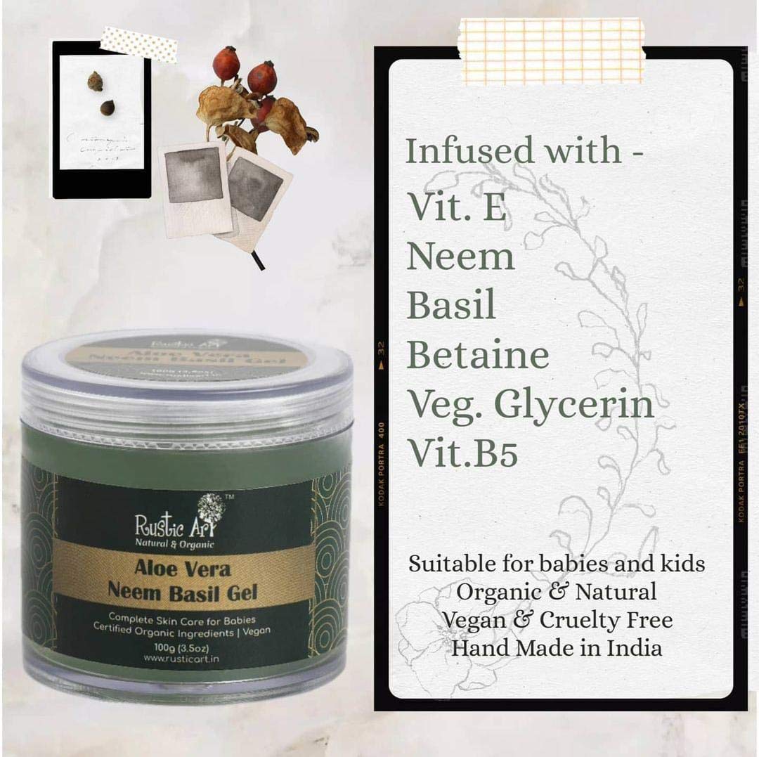 Rustic Art Organic Aloe Vera Neem Basil Gel | Soothing, Cooling | Anti Acne, Reduces Redness | For Kids, Women & Men | 100g