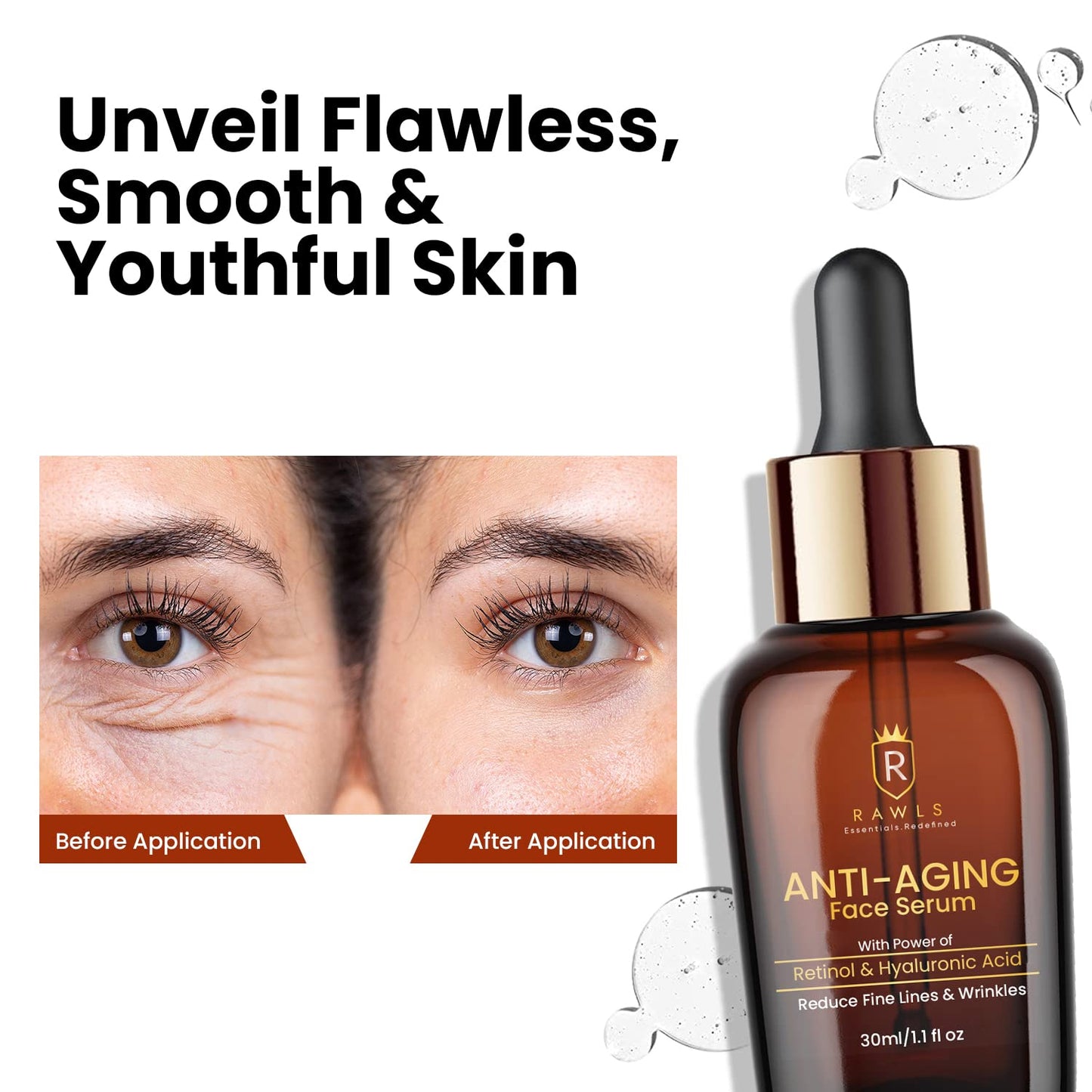 RAWLS Face Serum for Glowing Skin, 30ML | Anti-Aging Serum with Retinol, Hyaluronic Acid & Vitamin C | Reduces Fine Lines, Wrinkles & Boosts Collagen | Lightweight & Non-Sticky | For Women & Men | All Skin Types