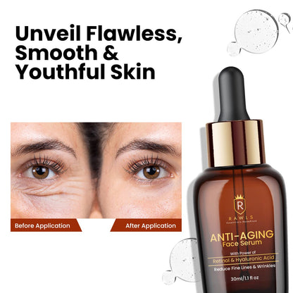 RAWLS Face Serum for Glowing Skin, 30ML | Anti-Aging Serum with Retinol, Hyaluronic Acid & Vitamin C | Reduces Fine Lines, Wrinkles & Boosts Collagen | Lightweight & Non-Sticky | For Women & Men | All Skin Types
