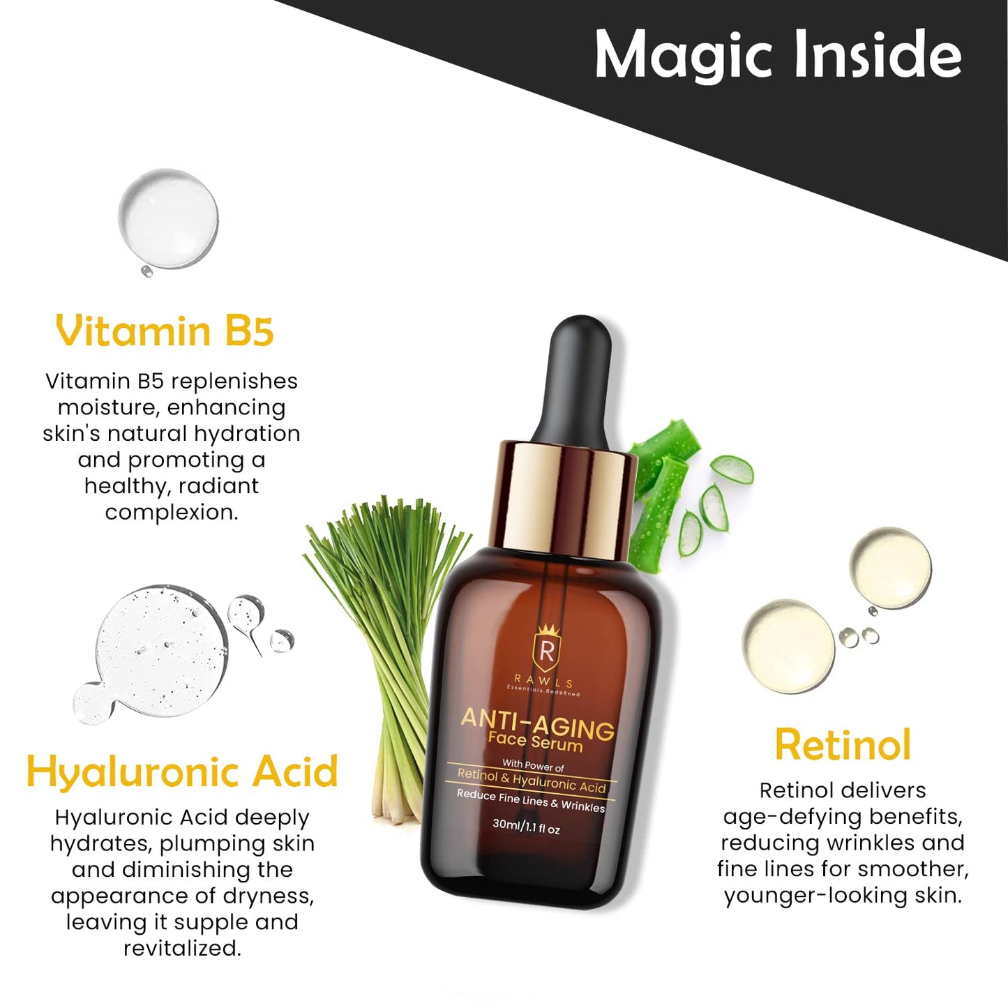 RAWLS Face Serum for Glowing Skin, 30ML | Anti-Aging Serum with Retinol, Hyaluronic Acid & Vitamin C | Reduces Fine Lines, Wrinkles & Boosts Collagen | Lightweight & Non-Sticky | For Women & Men | All Skin Types