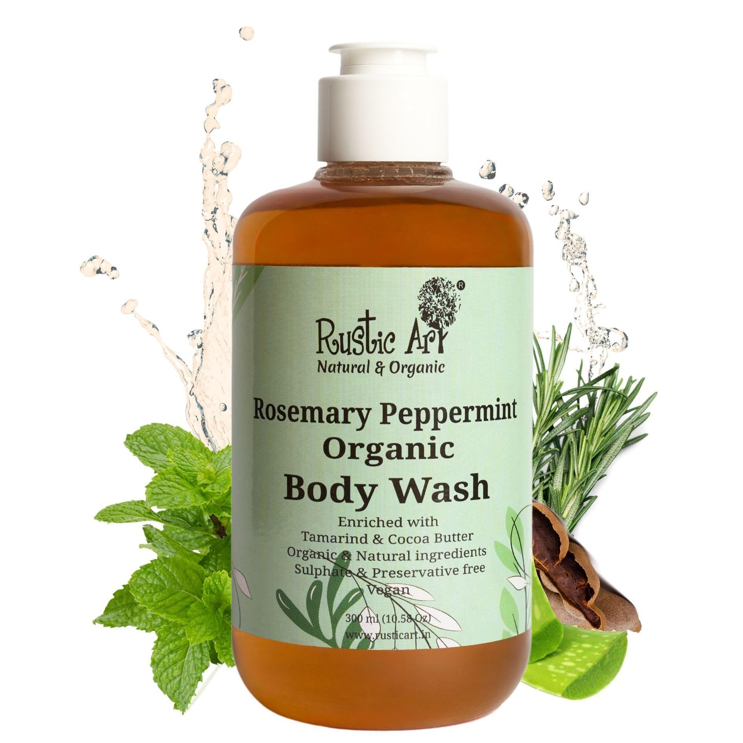 Rustic Art Rosemary Peppermint Body Wash | Organic Castile Soap | Cooling, Fights Body Acne & Gently Exfoliates | Sulphate & Paraben-Free | For Women & Men | Deep Cleansing & Moisturizing | 300ml