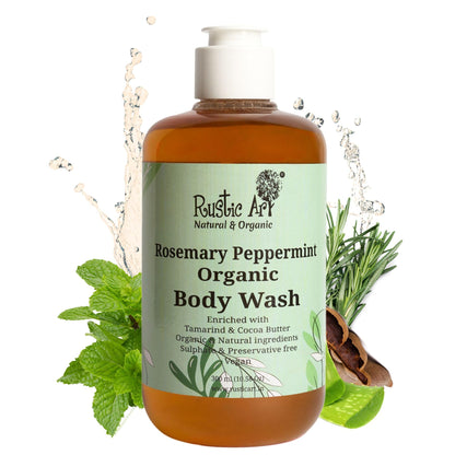 Rustic Art Rosemary Peppermint Body Wash | Organic Castile Soap | Cooling, Fights Body Acne & Gently Exfoliates | Sulphate & Paraben-Free | For Women & Men | Deep Cleansing & Moisturizing | 300ml
