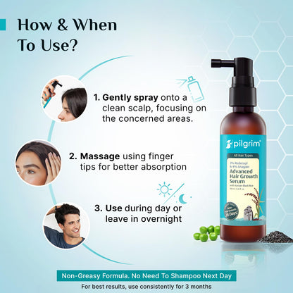 Pilgrim Advanced Hair Growth Serum with Redensyl 3%, Anagain 4% & Baicapil | Hair Fall Control & Regrowth | Korean Black Rice | For Men & Women, 1.69 Fl Oz (50ml)