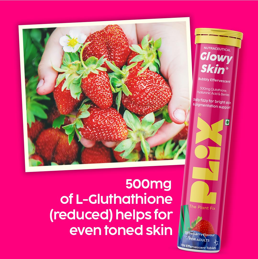 PLIX Glowy Skin 500mg Glutathione Supplement with Hyaluronic Acid, Vitamin C, E & Berries | 30 Effervescent Tablets, Strawberry Flavor